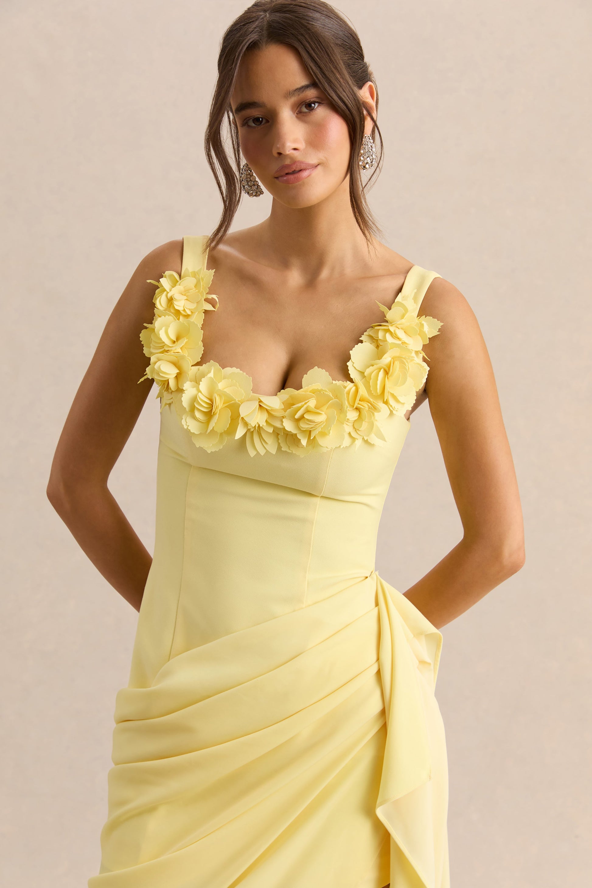 Letitia | Lemon Square-Neck Floral Detailed Wrap Midi Dress