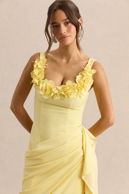 Letitia | Lemon Square-Neck Floral Detailed Wrap Midi Dress