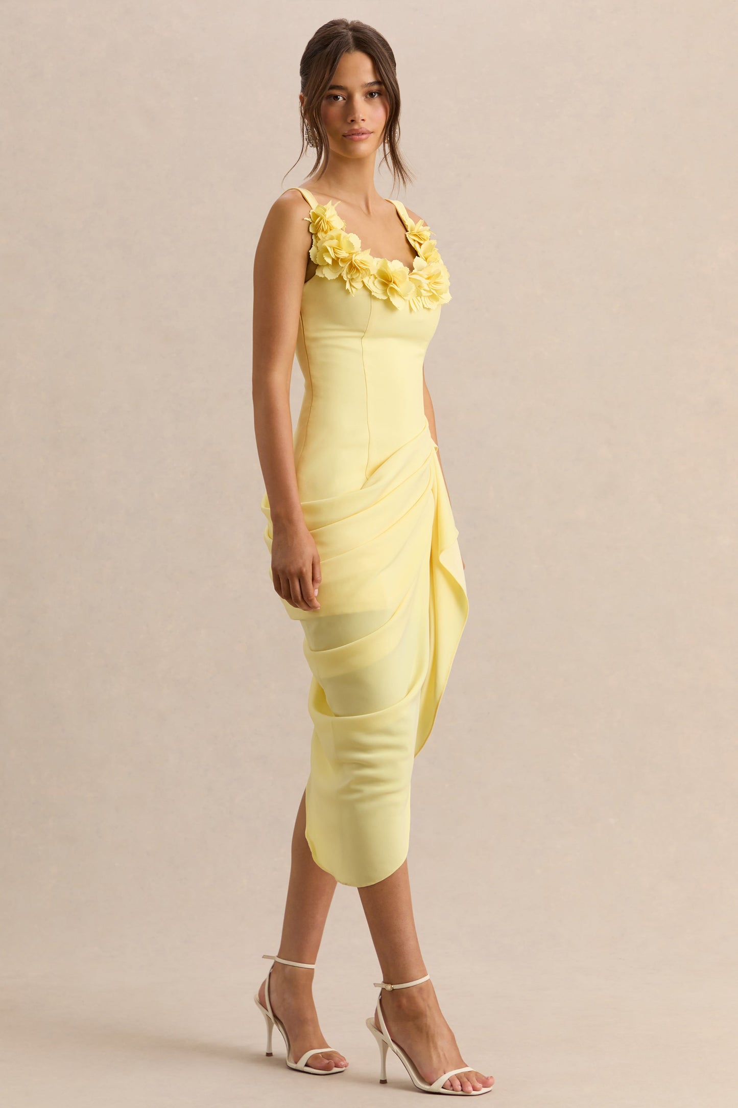 Letitia | Lemon Square-Neck Floral Detailed Wrap Midi Dress