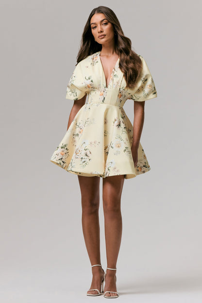 Delight | Lemon Print Plunge-Neck Ruffled Mini Dress