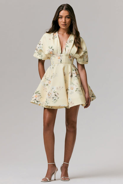 Delight | Lemon Print Plunge-Neck Ruffled Mini Dress