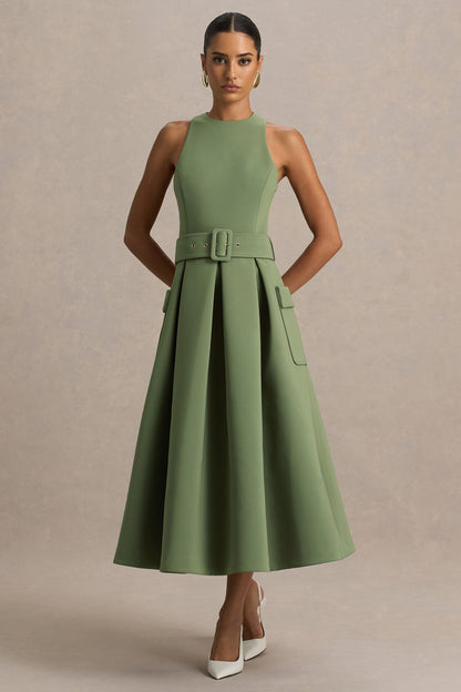 Elisia | Olive Crew-Neck Belted Midi Dress