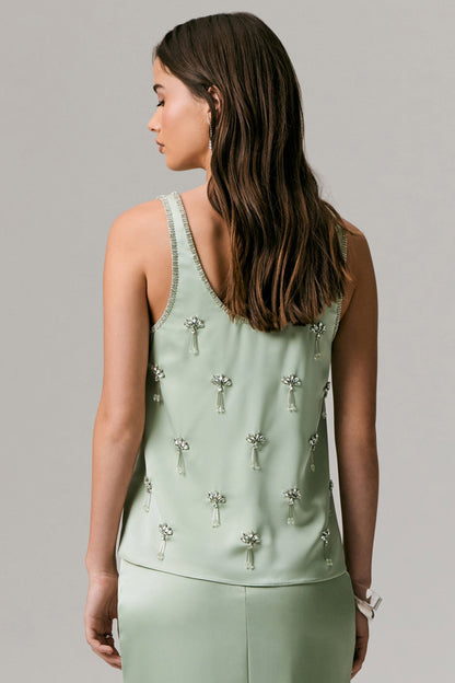 Arianna | Mint Satin Scoop-Neck Embellished Top