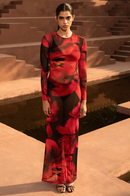 Marcy | Red And Black Floral Print High-Neck Maxi Dress