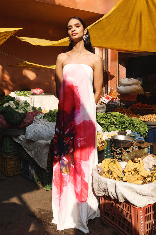 Breonna | Bright Pink Floral Placement Print Bandeau Maxi Dress