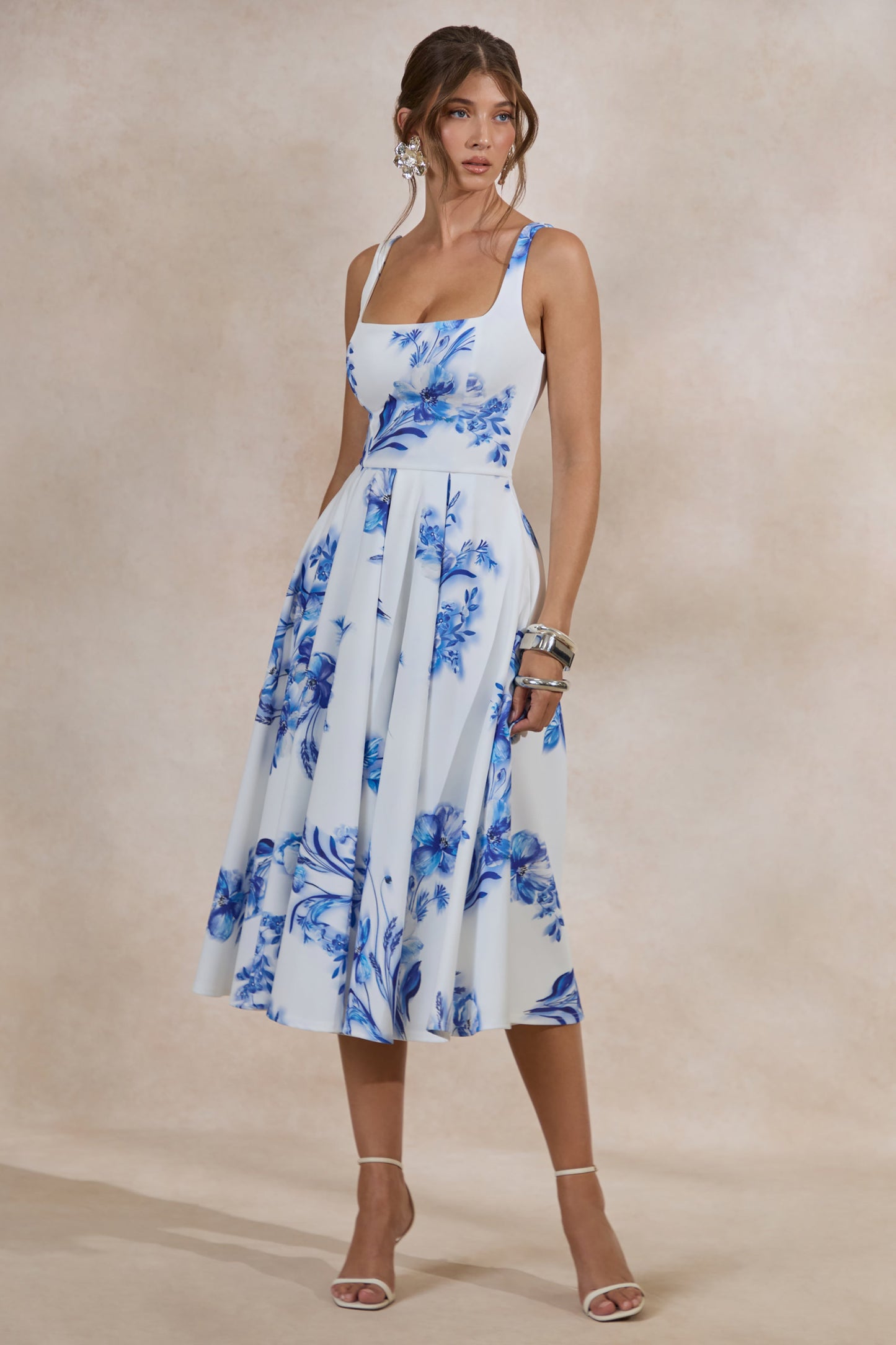 Lissa | Blue Floral Print Square-Neck Midi Dress