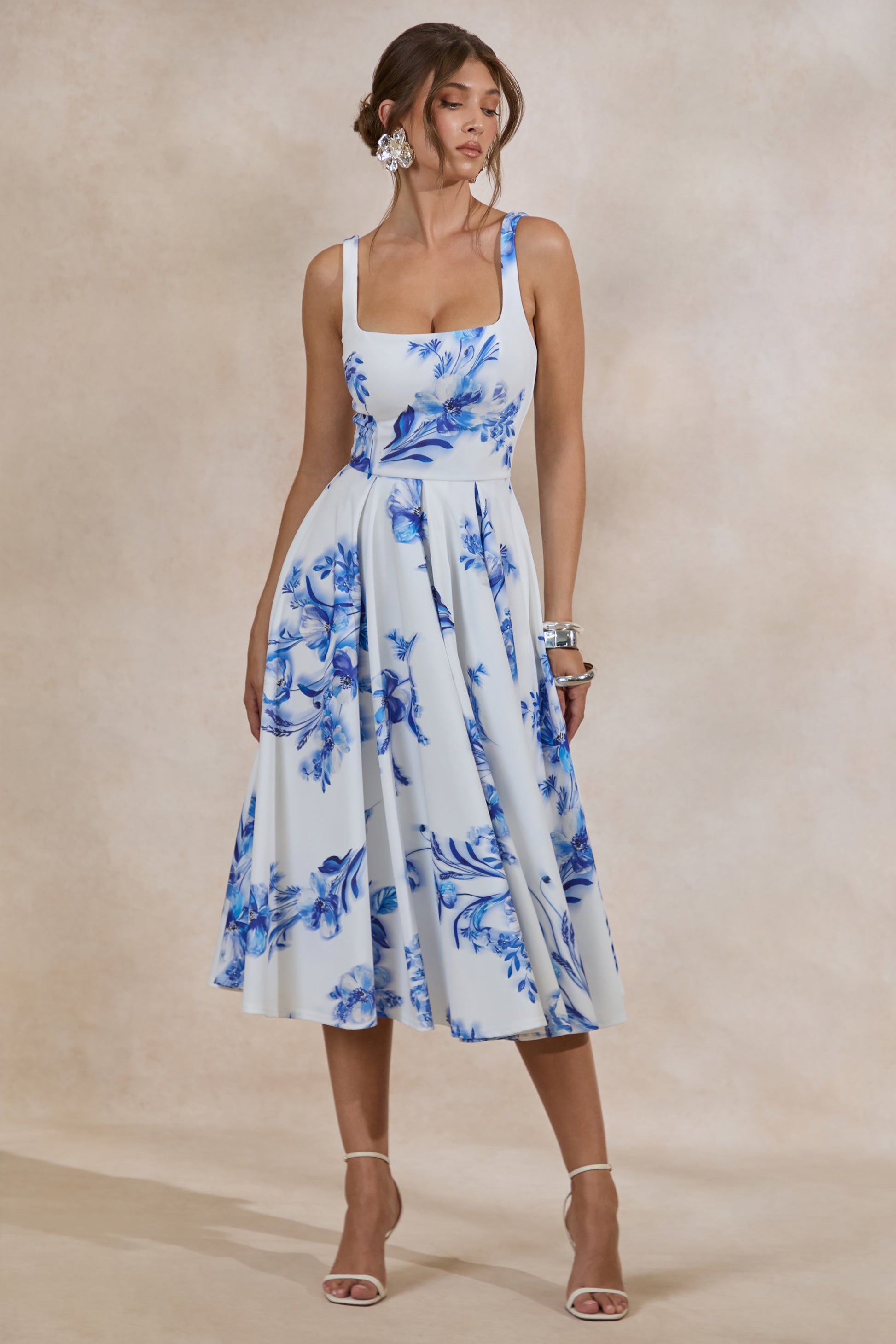 Lissa | Blue Floral Print Square-Neck Midi Dress