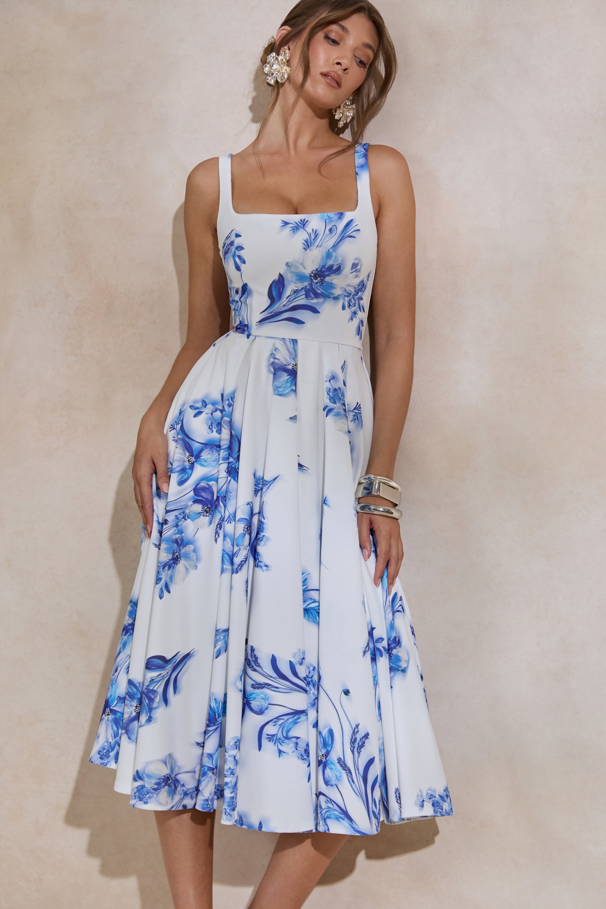 Lissa | Blue Floral Print Square-Neck Midi Dress