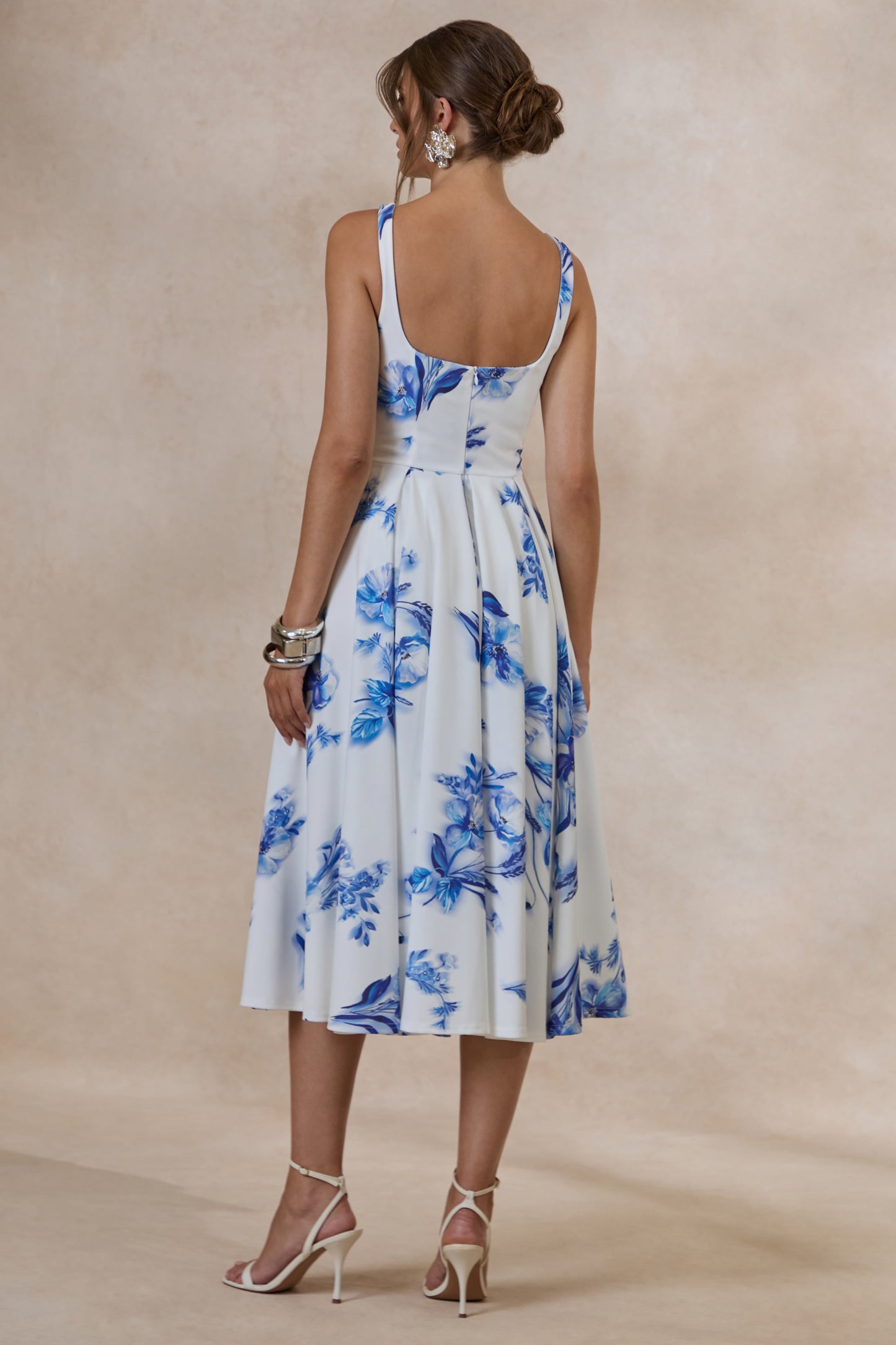 Lissa | Blue Floral Print Square-Neck Midi Dress