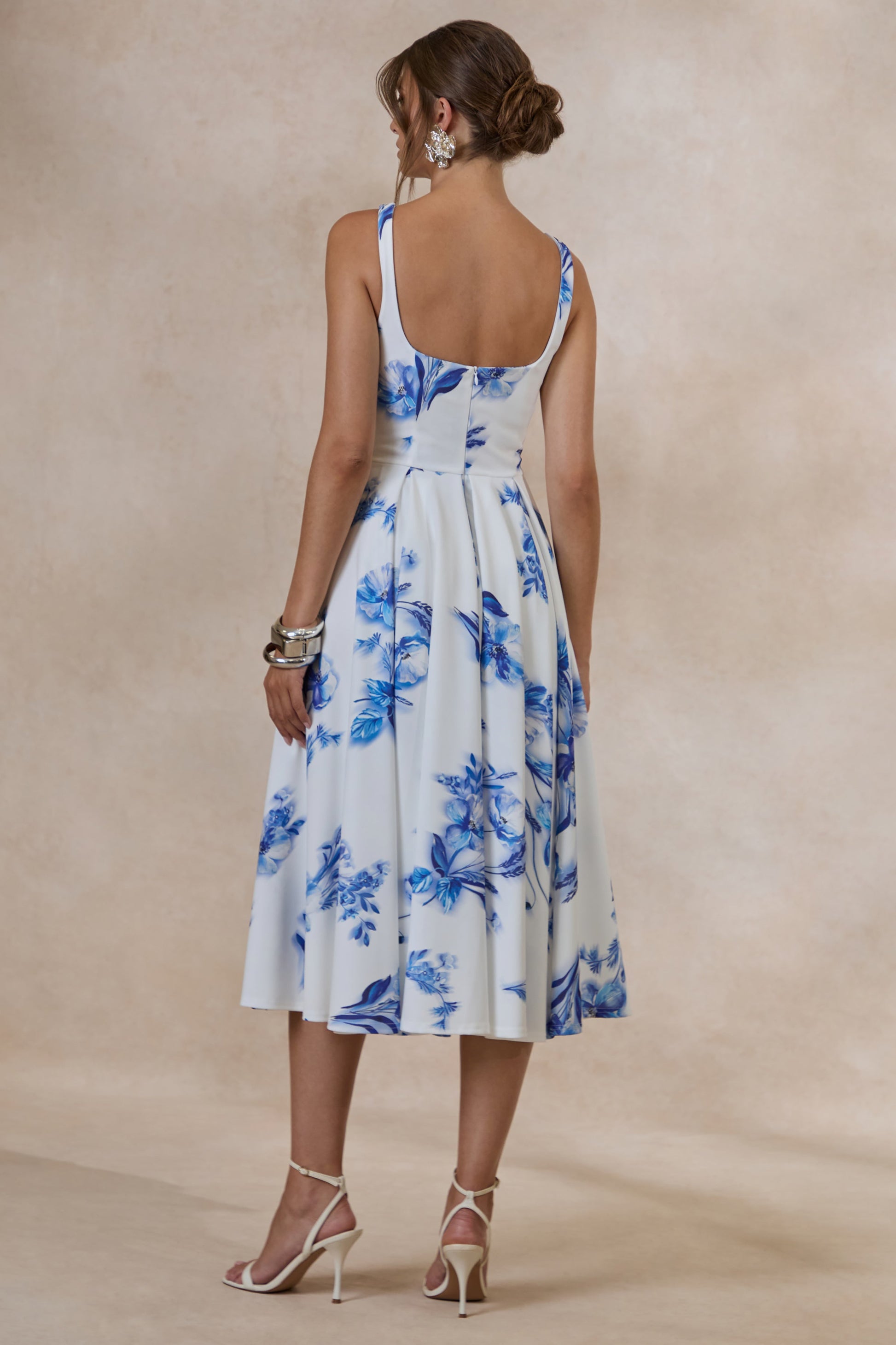 Lissa | Blue Floral Print Square-Neck Midi Dress