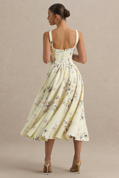 Lissa | Lemon Floral Bouquet Print Square-Neck Midi Dress