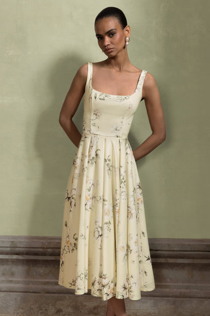 Lissa | Lemon Floral Bouquet Print Square-Neck Midi Dress