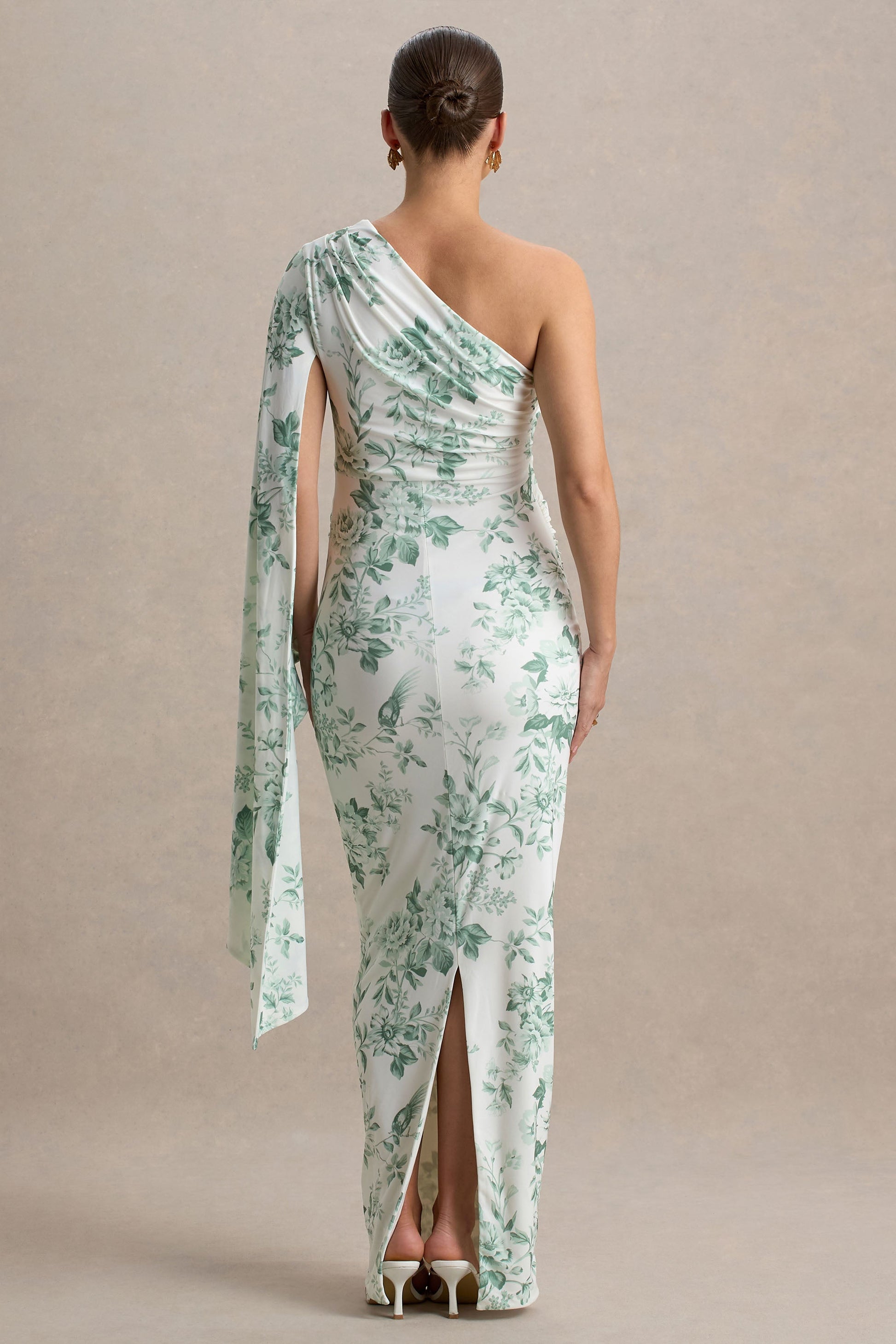 Aliana | Green Porcelain Print Asymmetric Maternity Maxi Dress With Ruched Detailing