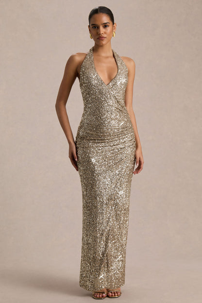 Gio | Champagne Sequin Plunge-Neck Wrap Maxi Dress With Ruched Detailing And Front Split