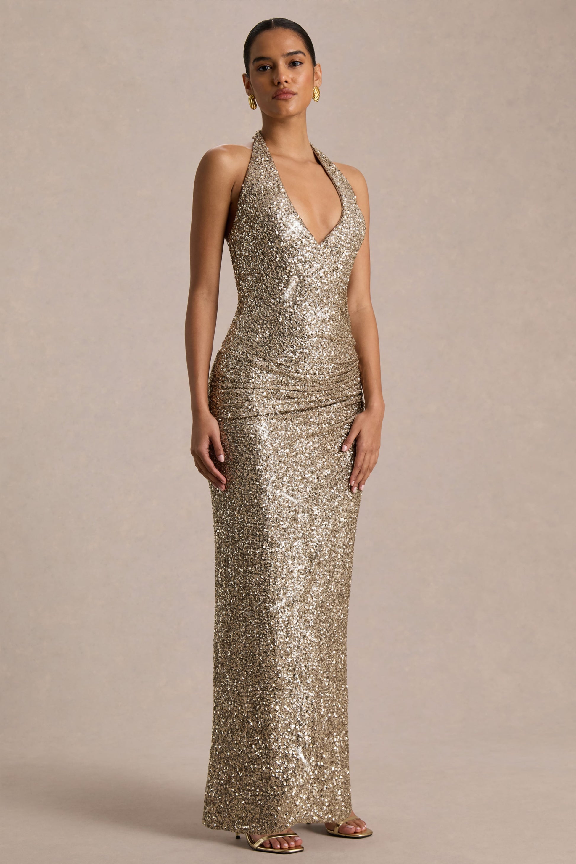 Gio | Champagne Sequin Plunge-Neck Wrap Maxi Dress With Ruched Detailing And Front Split