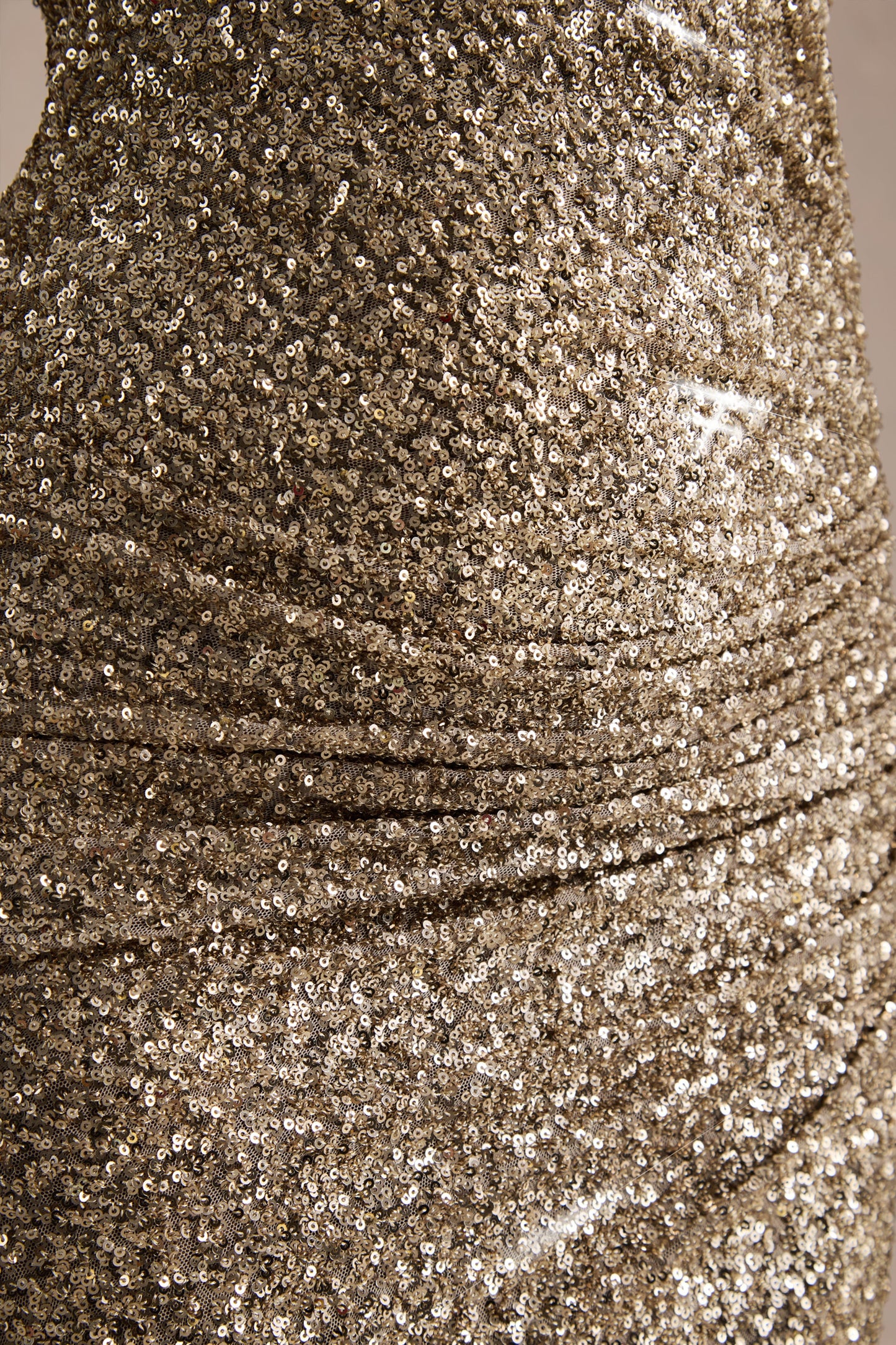 Gio | Champagne Sequin Plunge-Neck Wrap Maxi Dress With Ruched Detailing And Front Split
