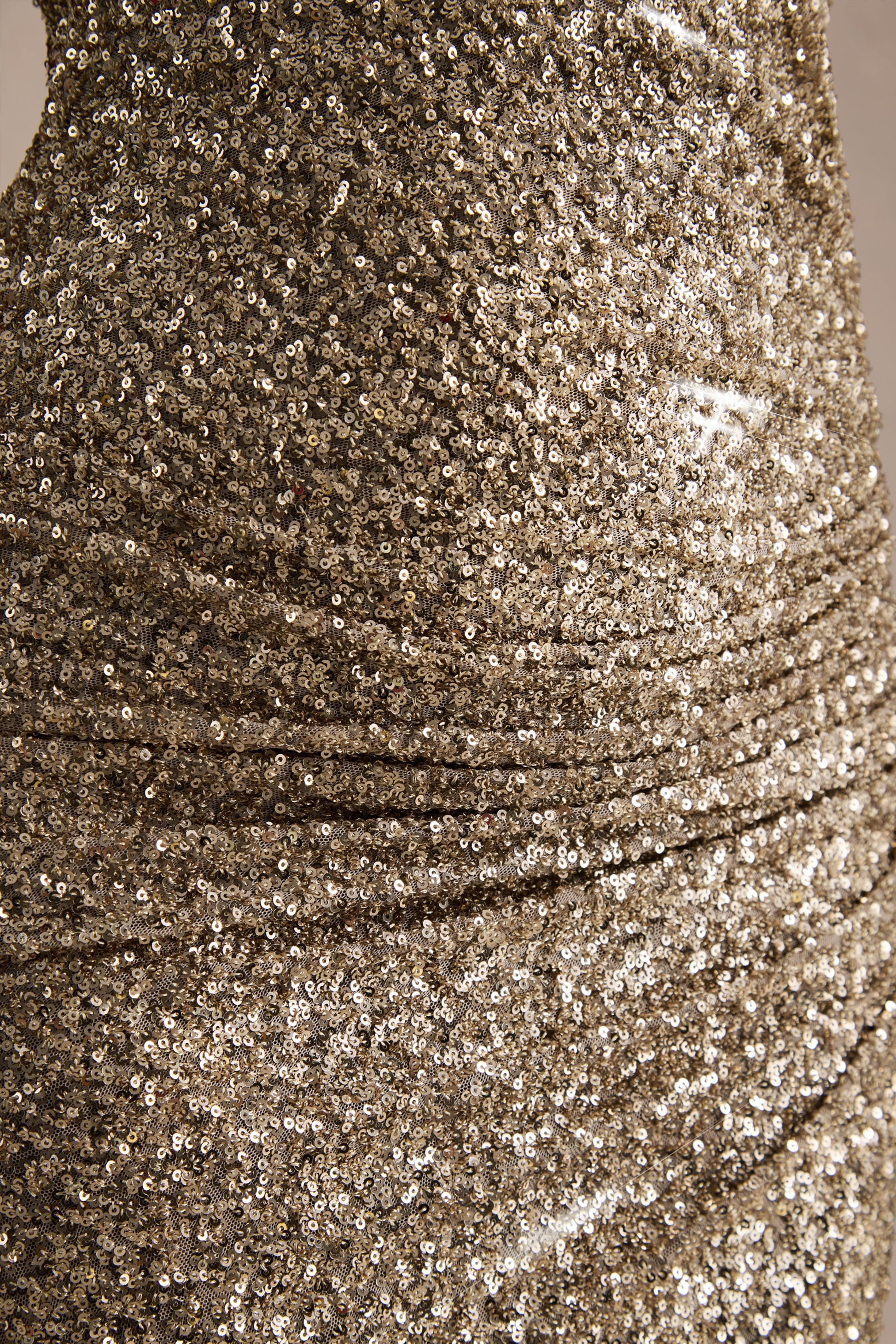 Gio | Champagne Sequin Plunge-Neck Wrap Maxi Dress With Ruched Detailing And Front Split