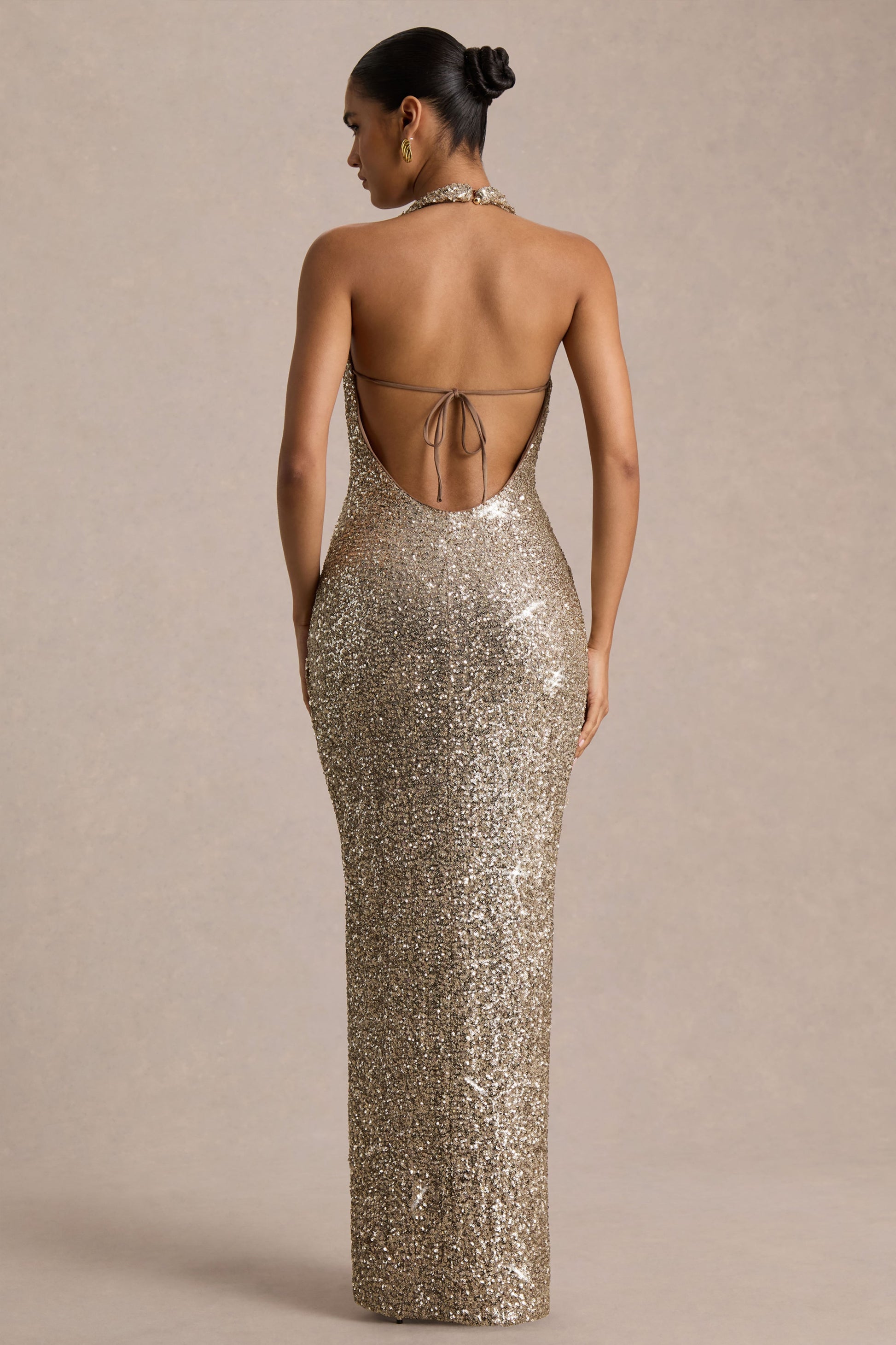 Gio | Champagne Sequin Plunge-Neck Wrap Maxi Dress With Ruched Detailing And Front Split