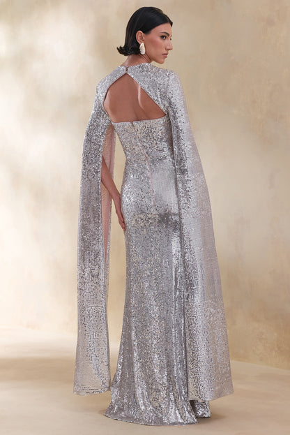 Devora | Silver Sequin Crew-Neck Maxi Dress With Cape Sleeves