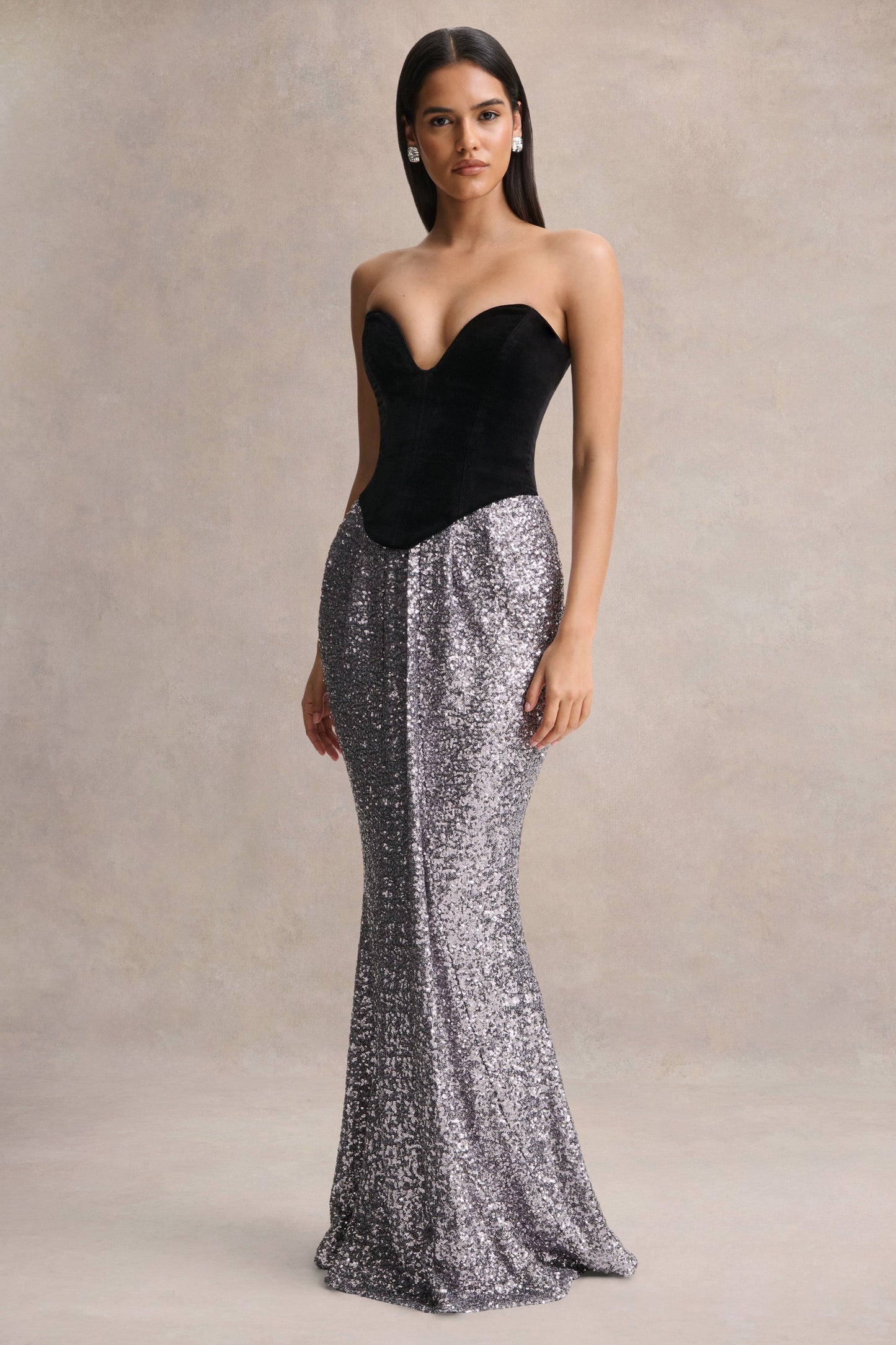Aeris | Black Velvet And Silver Sequin Plunge-Neck Maxi Dress