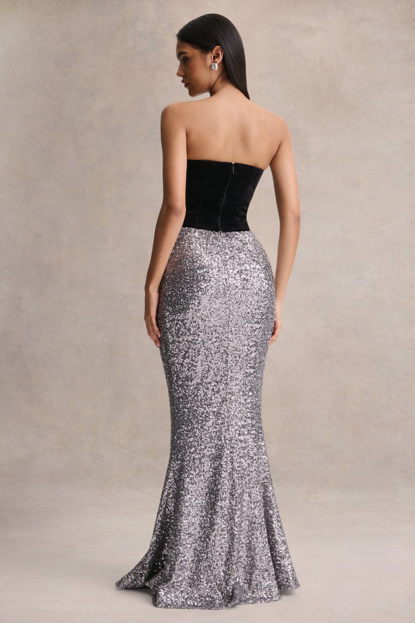Aeris | Black Velvet And Silver Sequin Plunge-Neck Maxi Dress