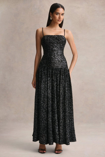 Allora | Black Sequin Square-Neck Maxi Dress With Pleated Skirt