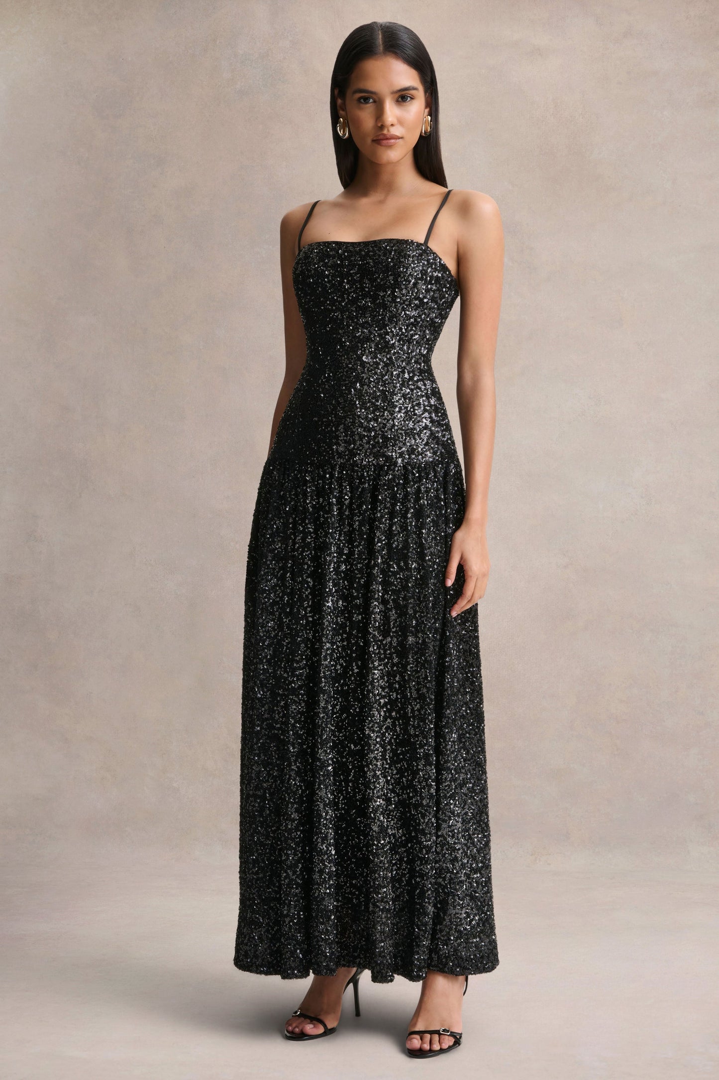 Allora | Black Sequin Square-Neck Maxi Dress With Pleated Skirt