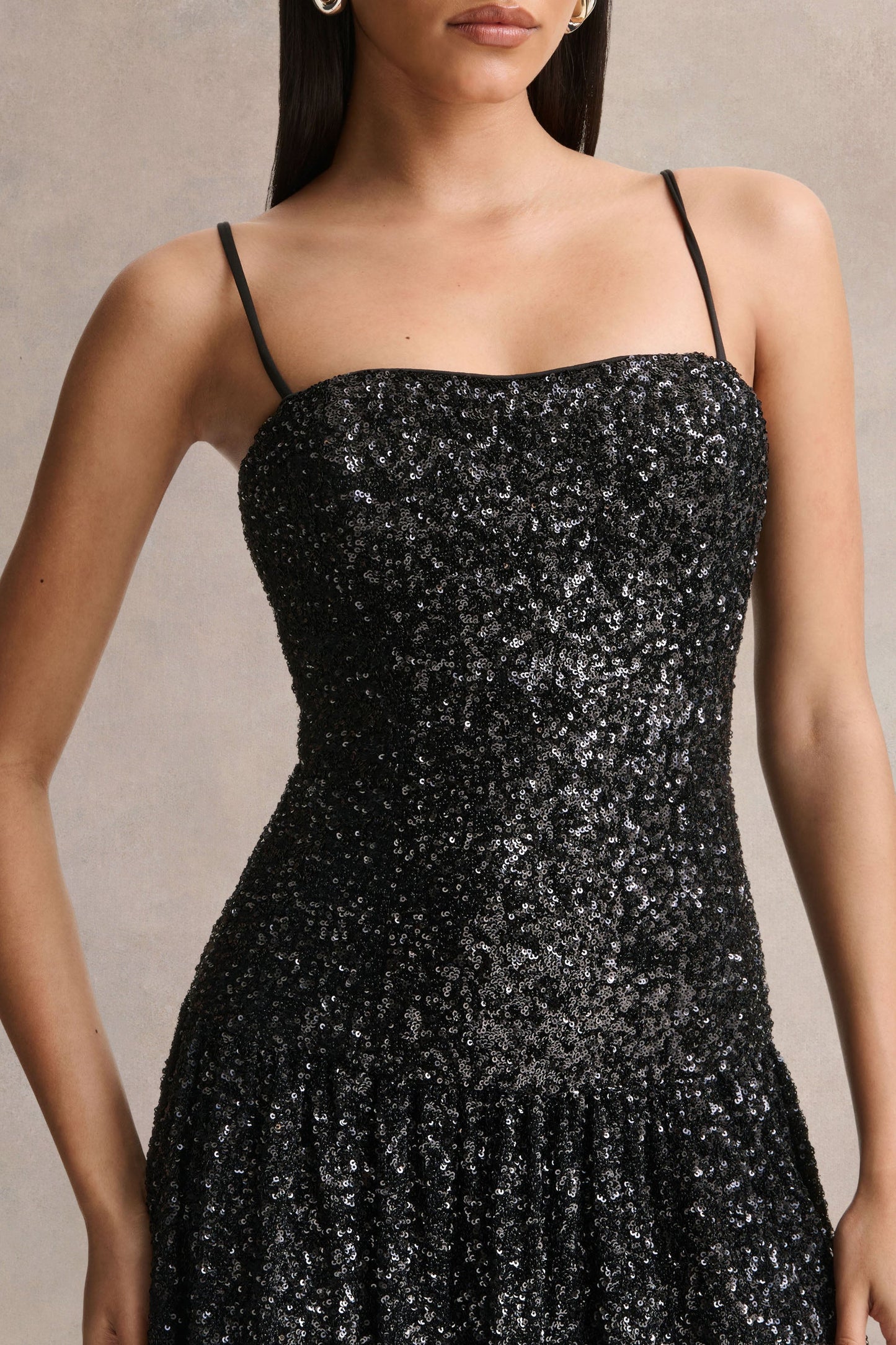 Allora | Black Sequin Square-Neck Maxi Dress With Pleated Skirt