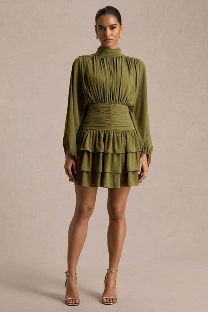 Imma | Olive High-Neck Mini Dress With Ruffled Detailing