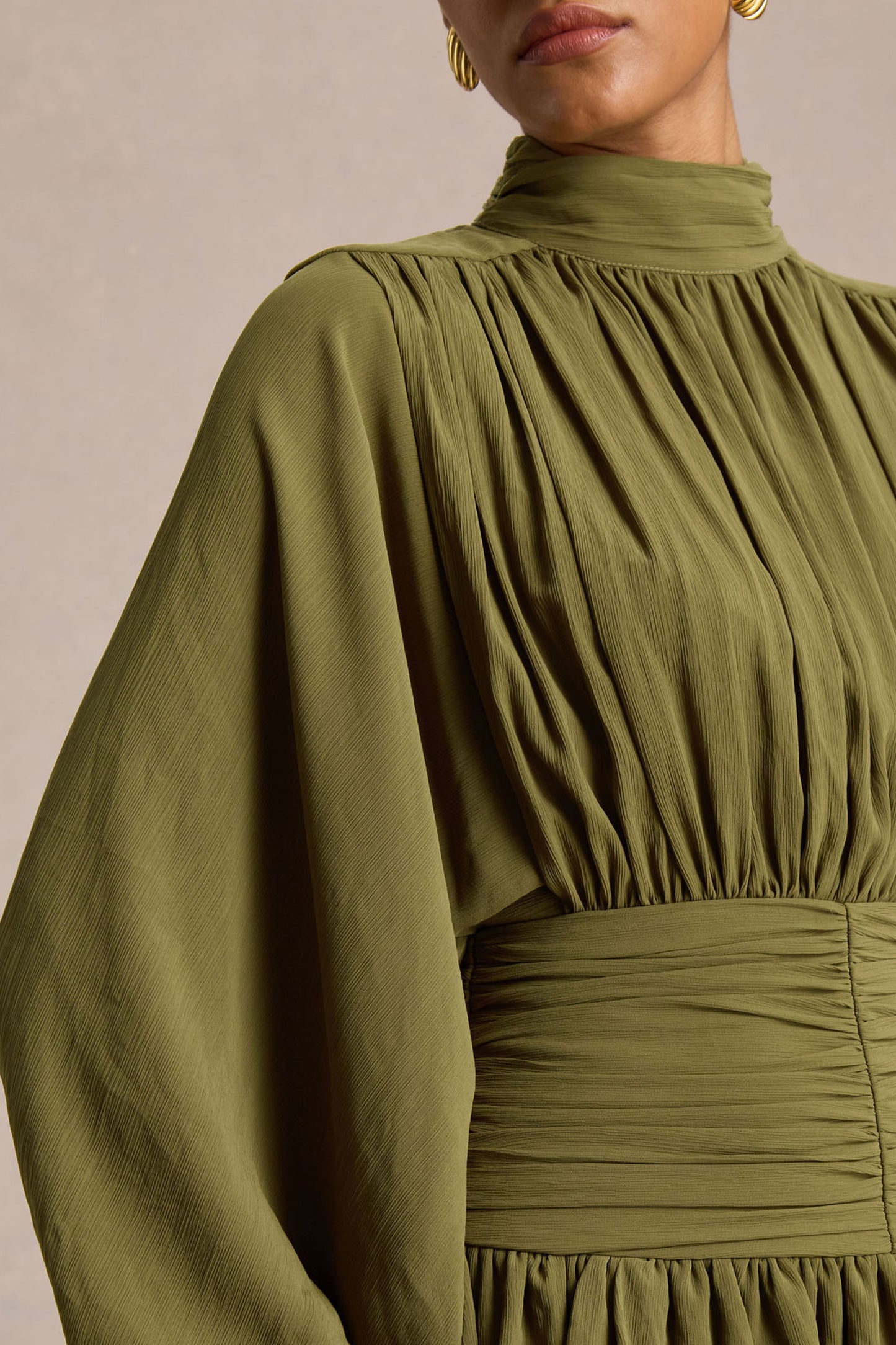 Imma | Olive High-Neck Mini Dress With Ruffled Detailing