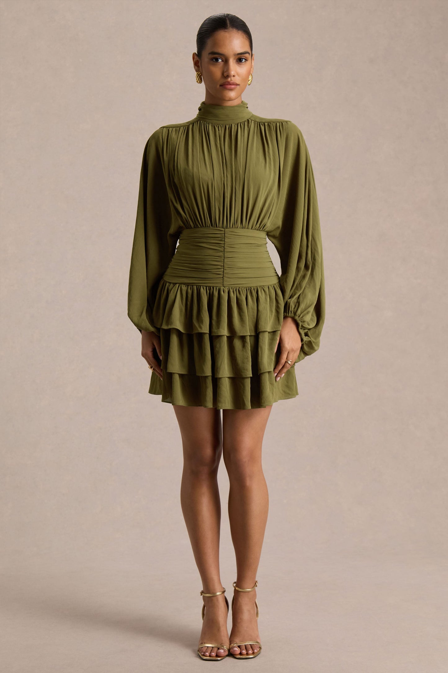 Imma | Olive High-Neck Mini Dress With Ruffled Detailing