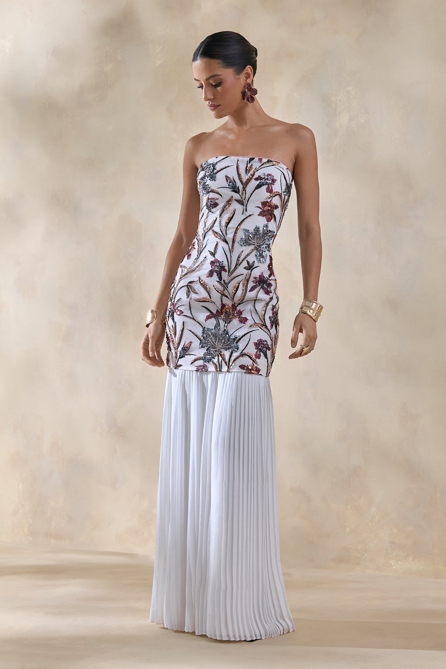 Denise | Cream Sequin Floral Bandeau-Neck Embellished Maxi Dress With Drop-Waist And Mesh Skirt