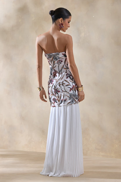 Denise | Cream Sequin Floral Bandeau-Neck Embellished Maxi Dress With Drop-Waist And Mesh Skirt