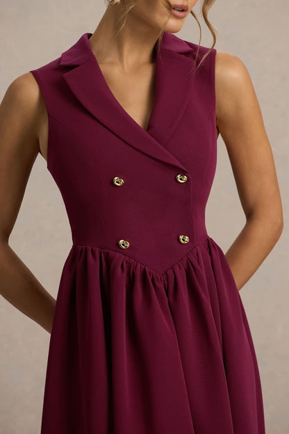Lisa | Burgundy Plunge-Neck Tailored Midi Dress With Button-Detailing
