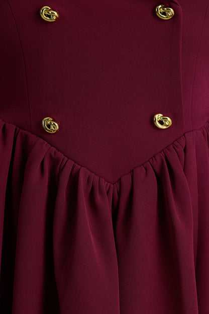 Lisa | Burgundy Plunge-Neck Tailored Midi Dress With Button-Detailing
