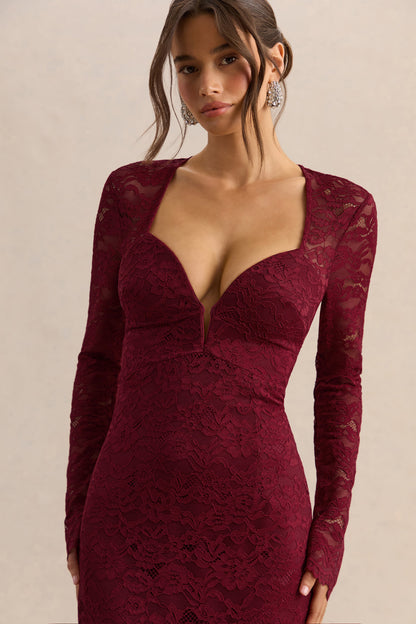 Camilly | Burgundy Lace Plunge-Neck Mermaid Midi Dress