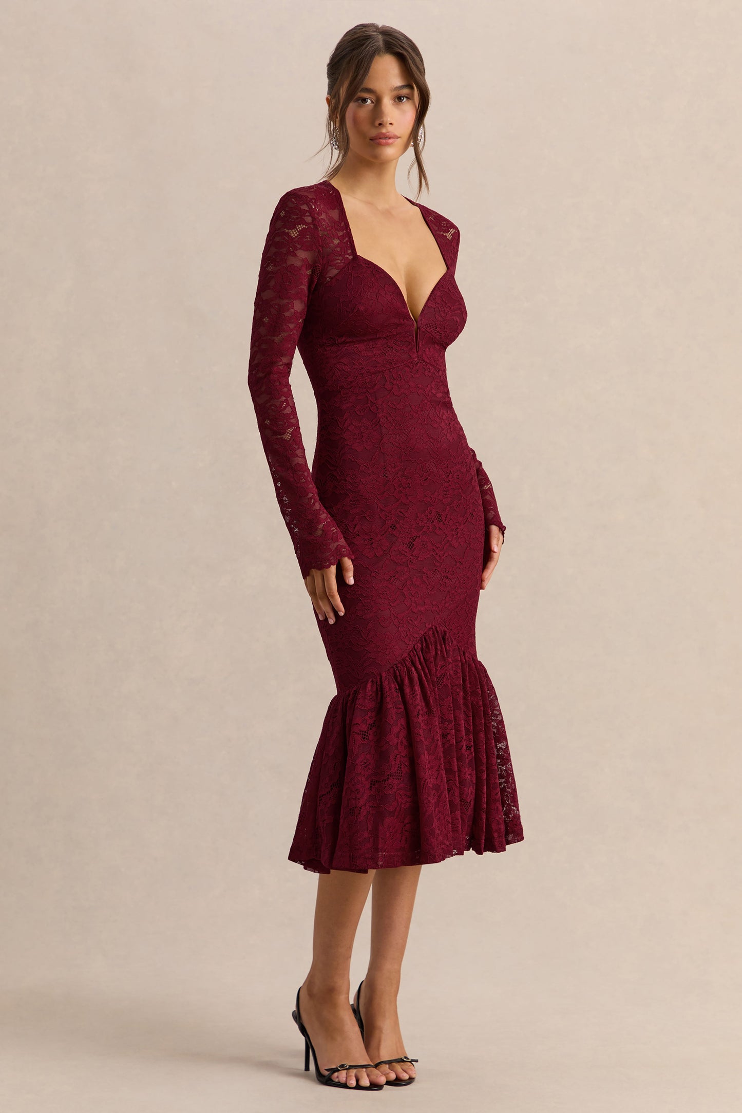Camilly | Burgundy Lace Plunge-Neck Mermaid Midi Dress