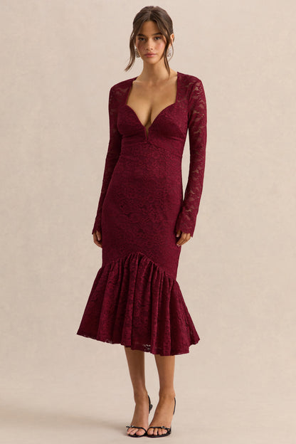 Camilly | Burgundy Lace Plunge-Neck Mermaid Midi Dress