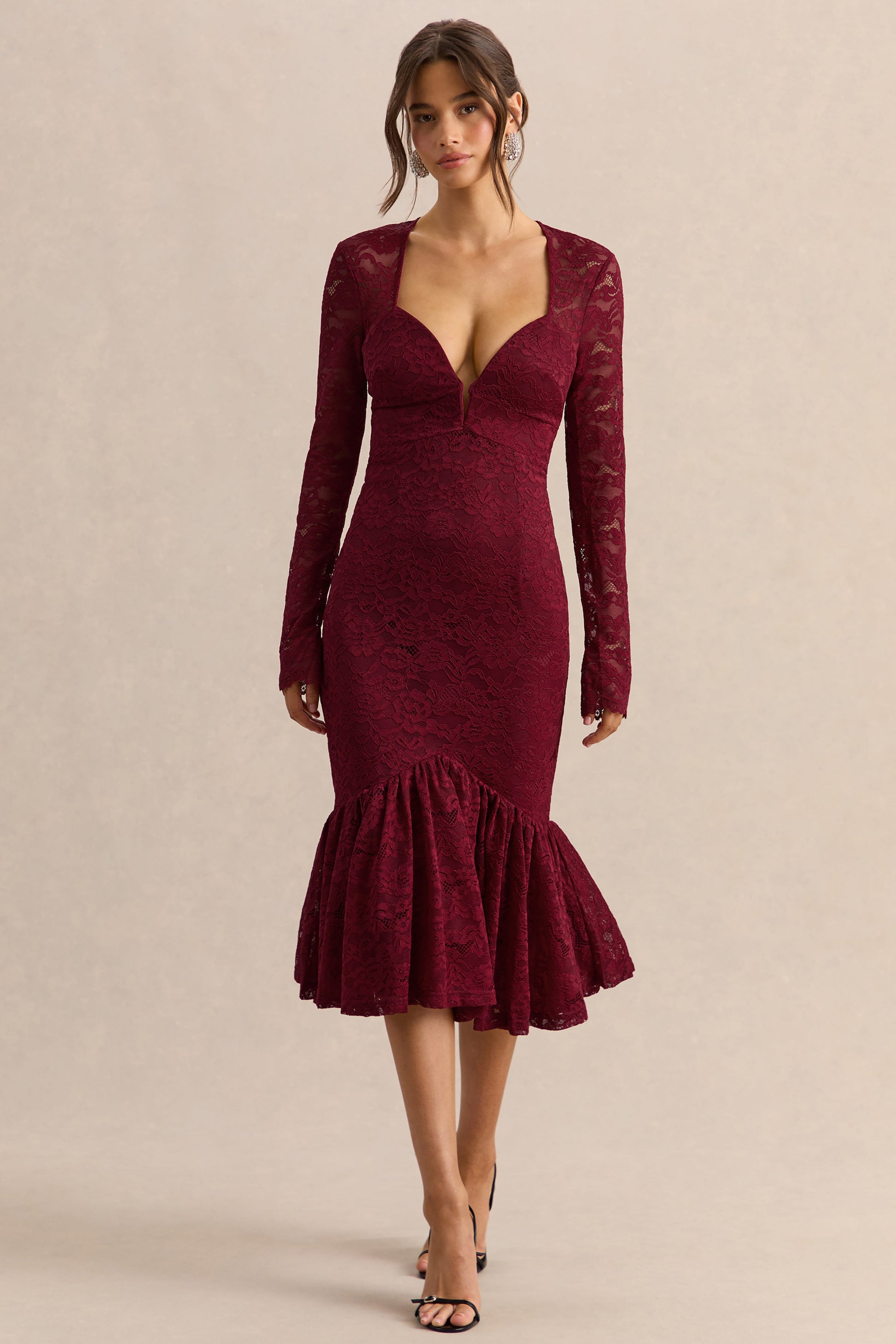 Camilly | Burgundy Lace Plunge-Neck Mermaid Midi Dress