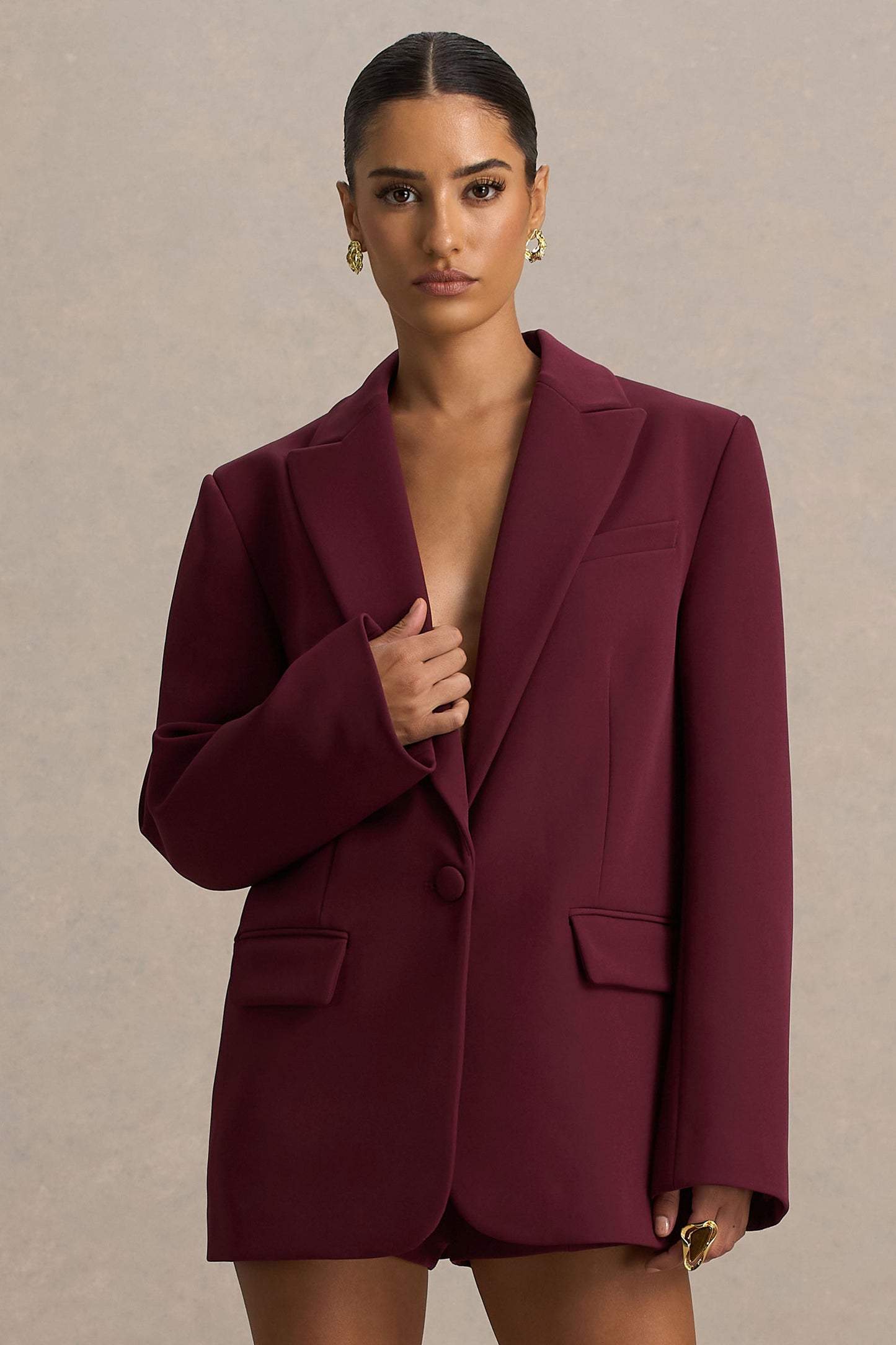 Katherine | Burgundy Plunge-Neck Oversized Blazer