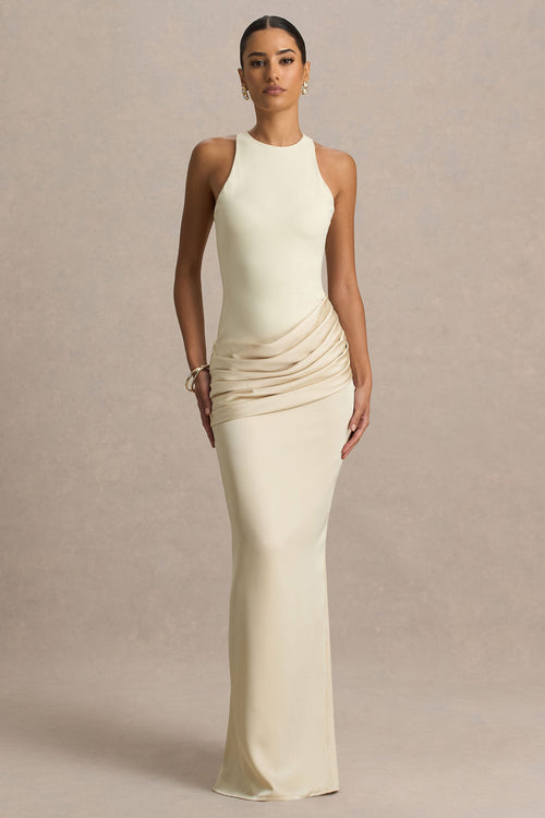 Akari | Cream Crew-Neck Maxi Dress With Satin Skirt