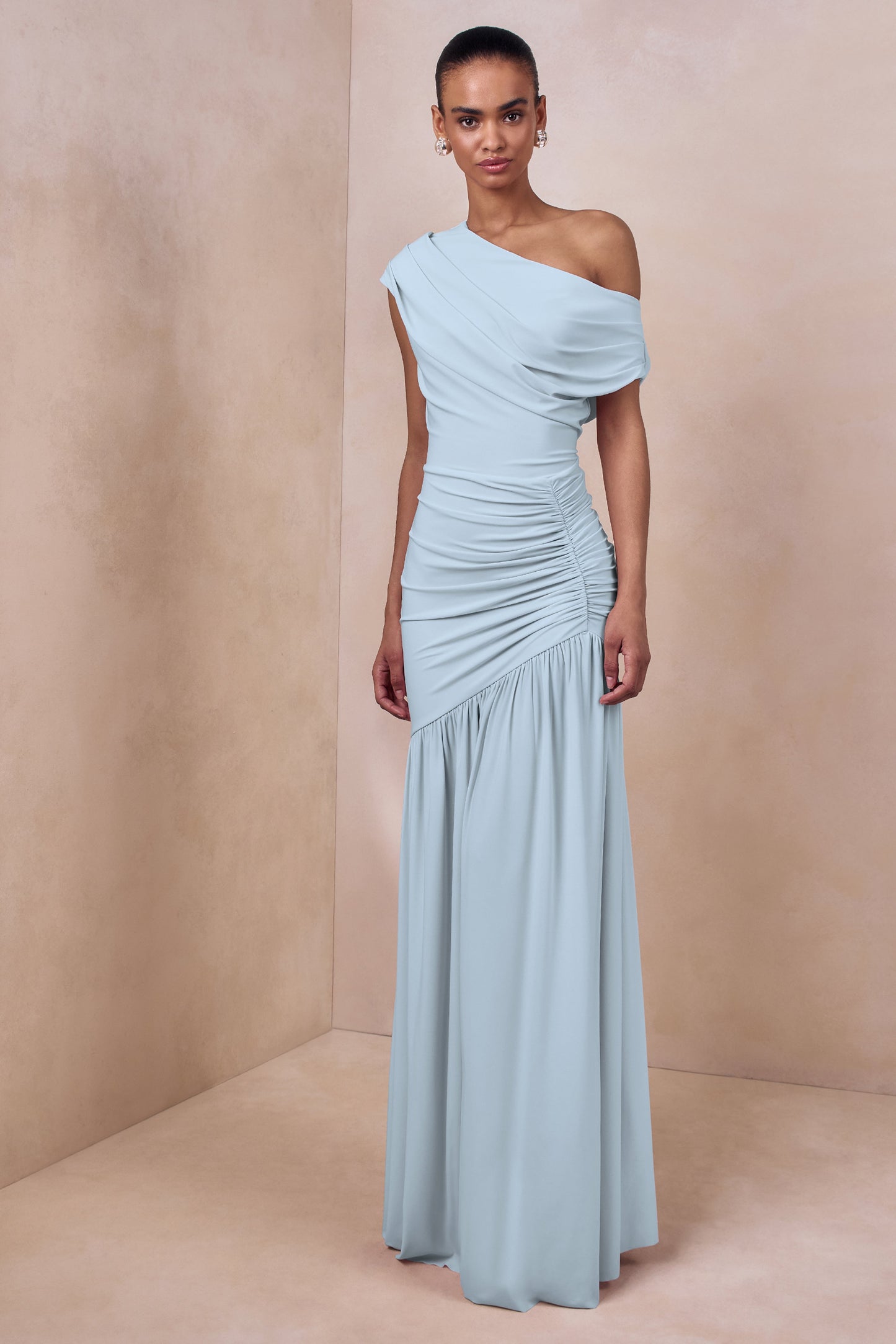 Kady | Powder Blue Asymmetric-Neck Maxi Dress With Ruched Detailing