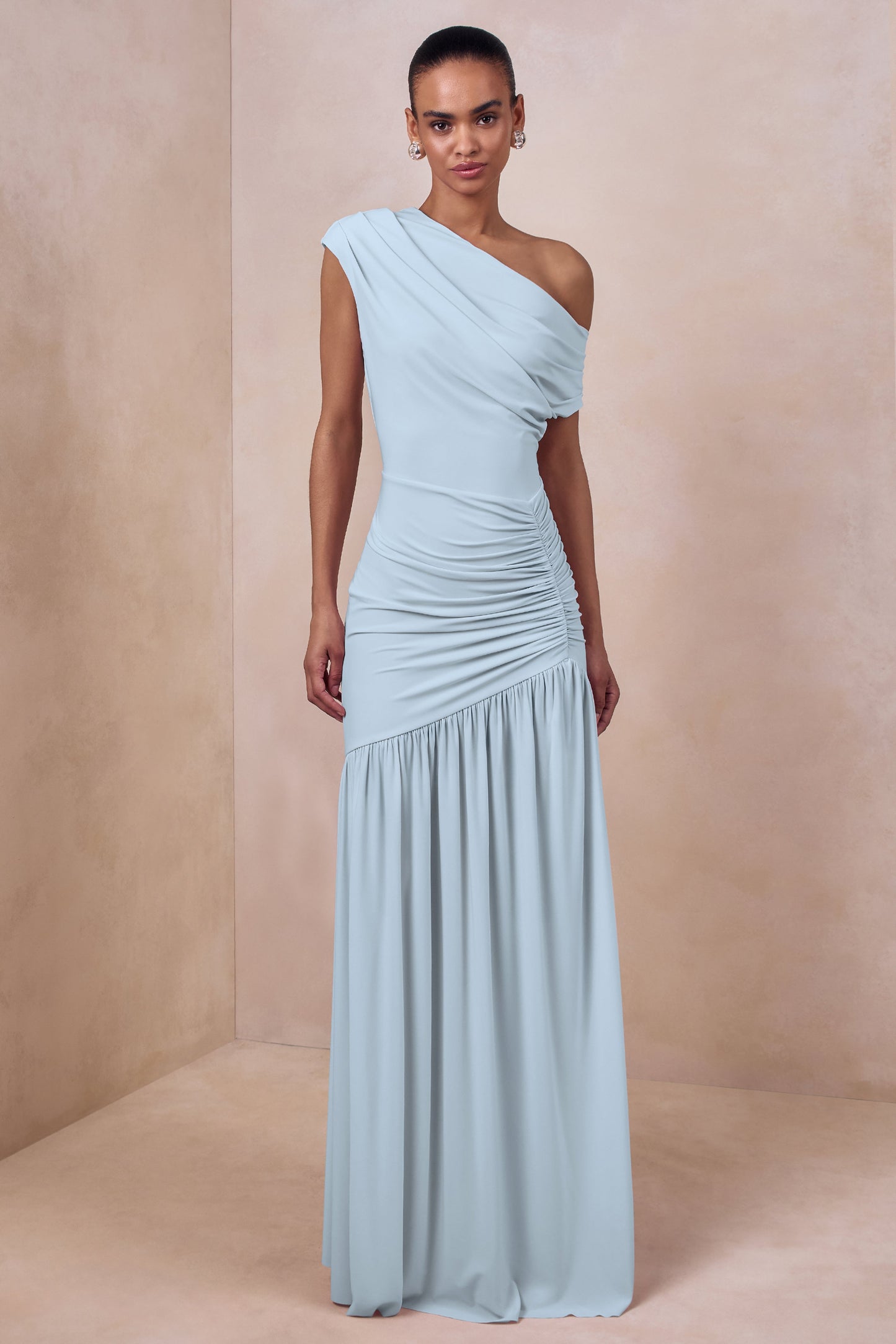 Kady | Powder Blue Asymmetric-Neck Maxi Dress With Ruched Detailing