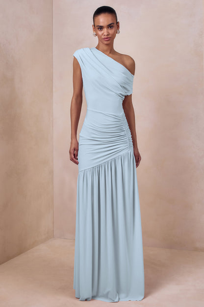 Kady | Powder Blue Asymmetric-Neck Maxi Dress With Ruched Detailing