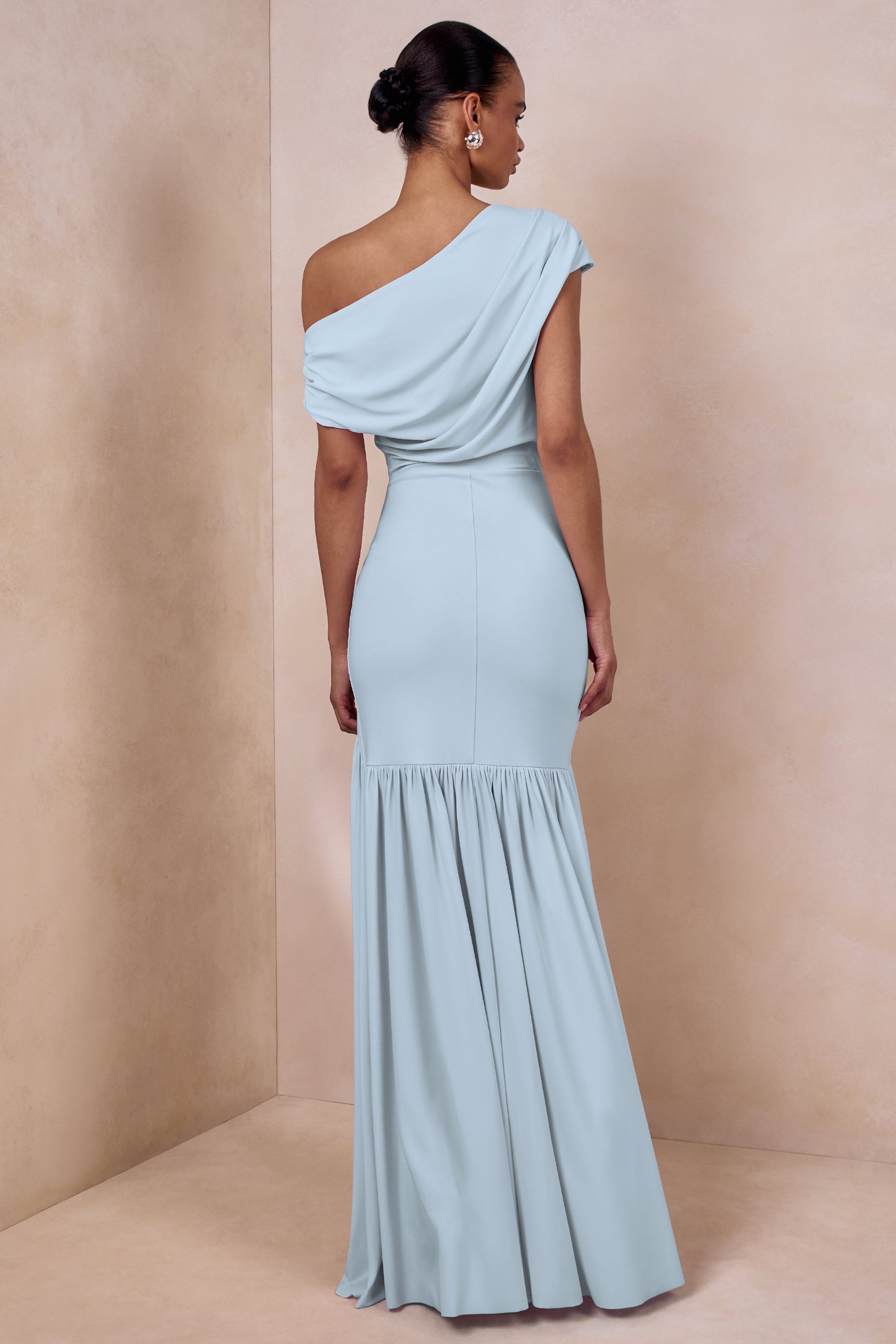 Kady | Powder Blue Asymmetric-Neck Maxi Dress With Ruched Detailing