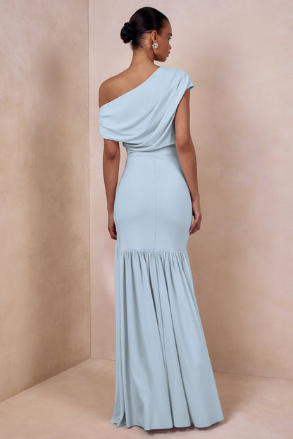 Kady | Powder Blue Asymmetric-Neck Maxi Dress With Ruched Detailing