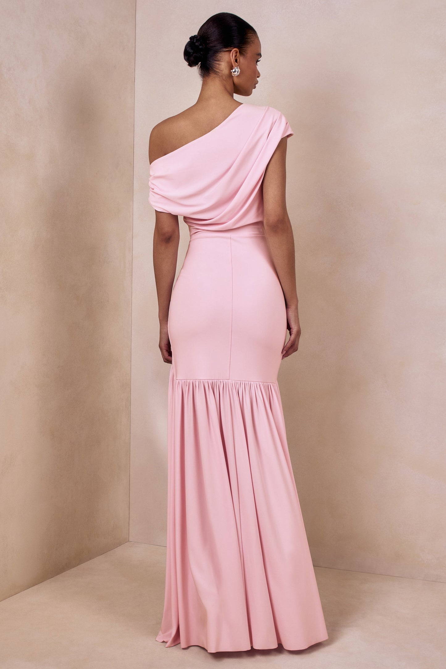 Kady | Pink Asymmetric-Neck Maxi Dress With Ruched Detailing