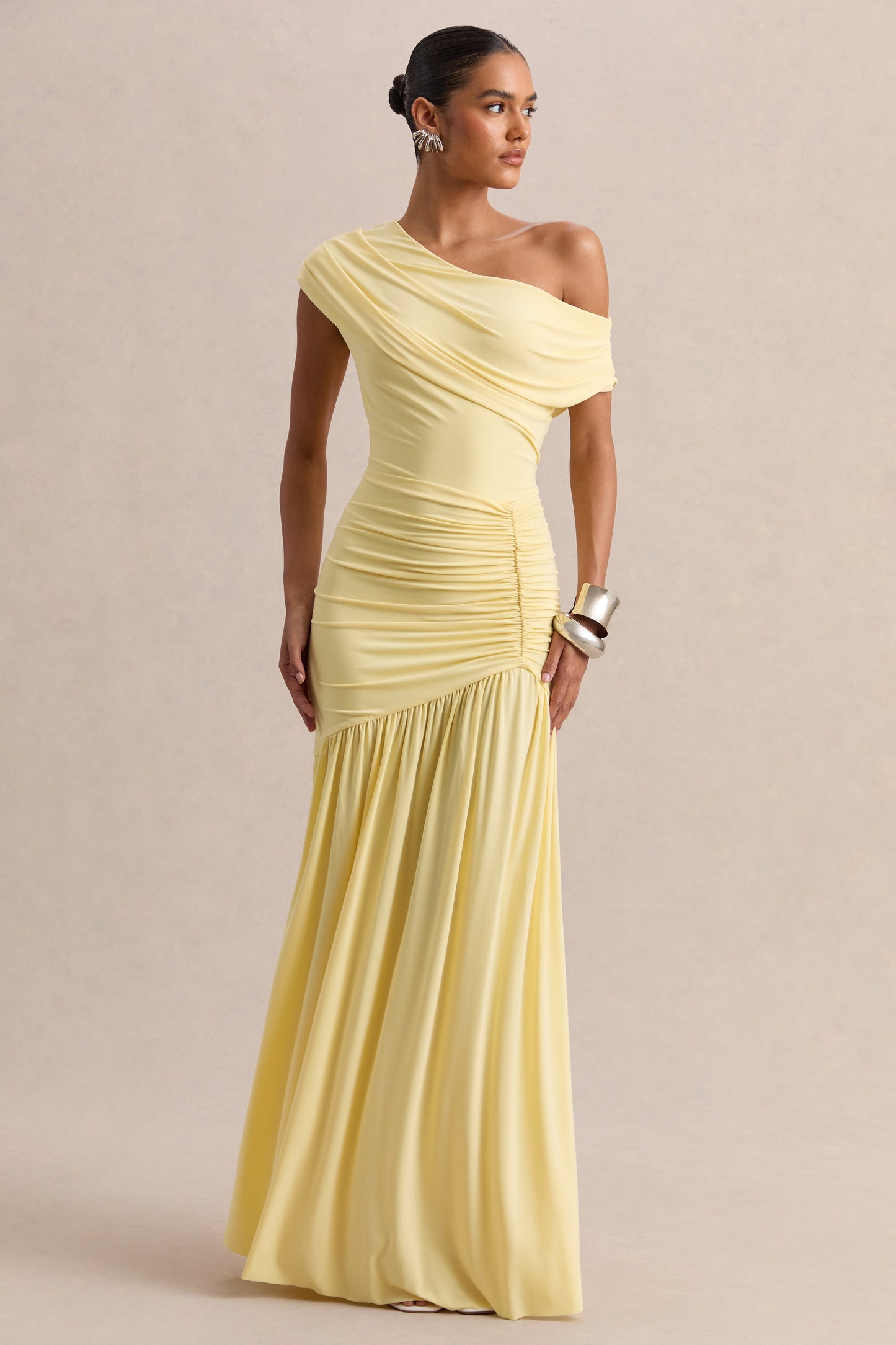 Kady | Lemon Asymmetric-Neck Maxi Dress With Ruched Detailing