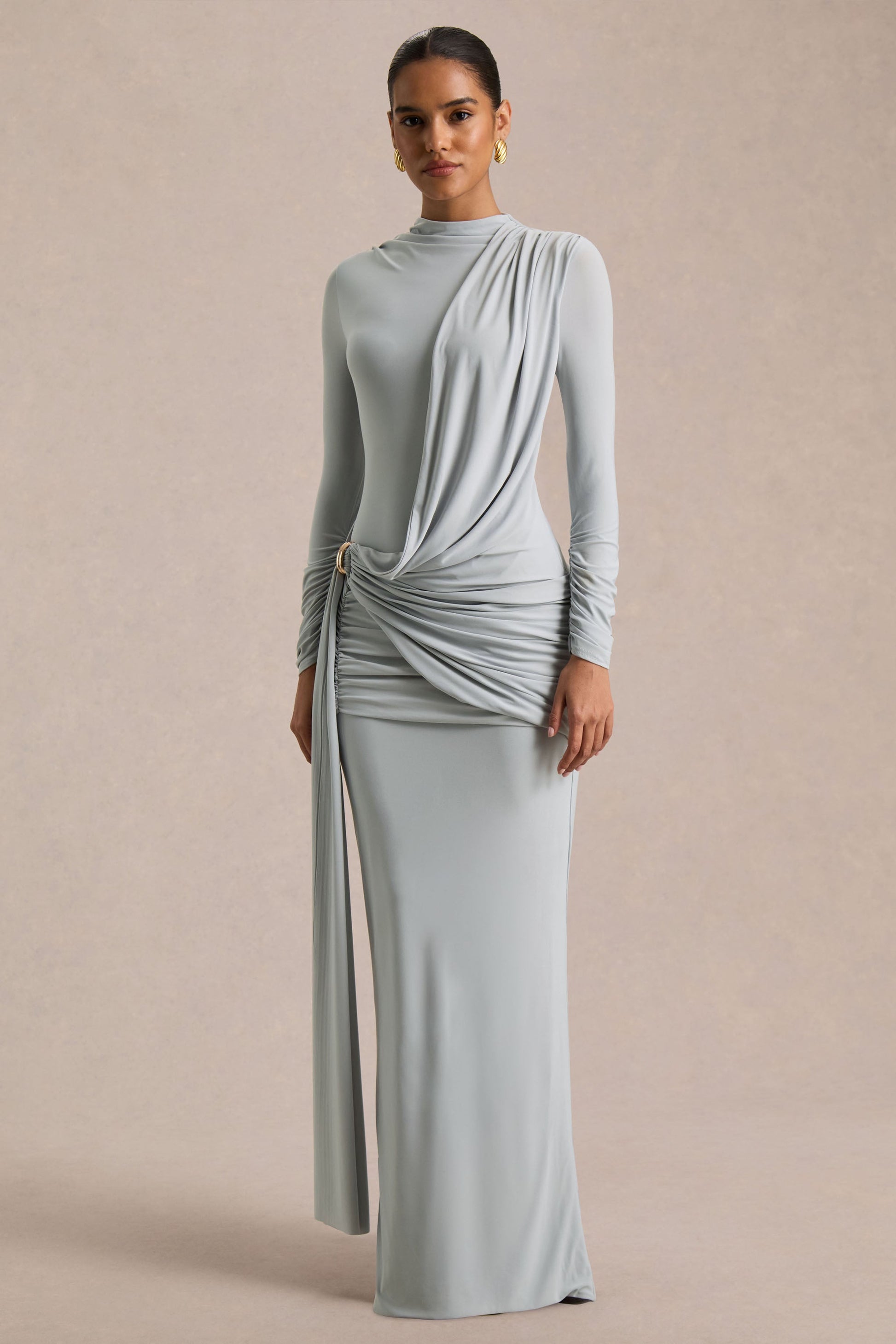 Melissa | Blue Long-Sleeve Wrap Maxi Dress With Draped Detailing