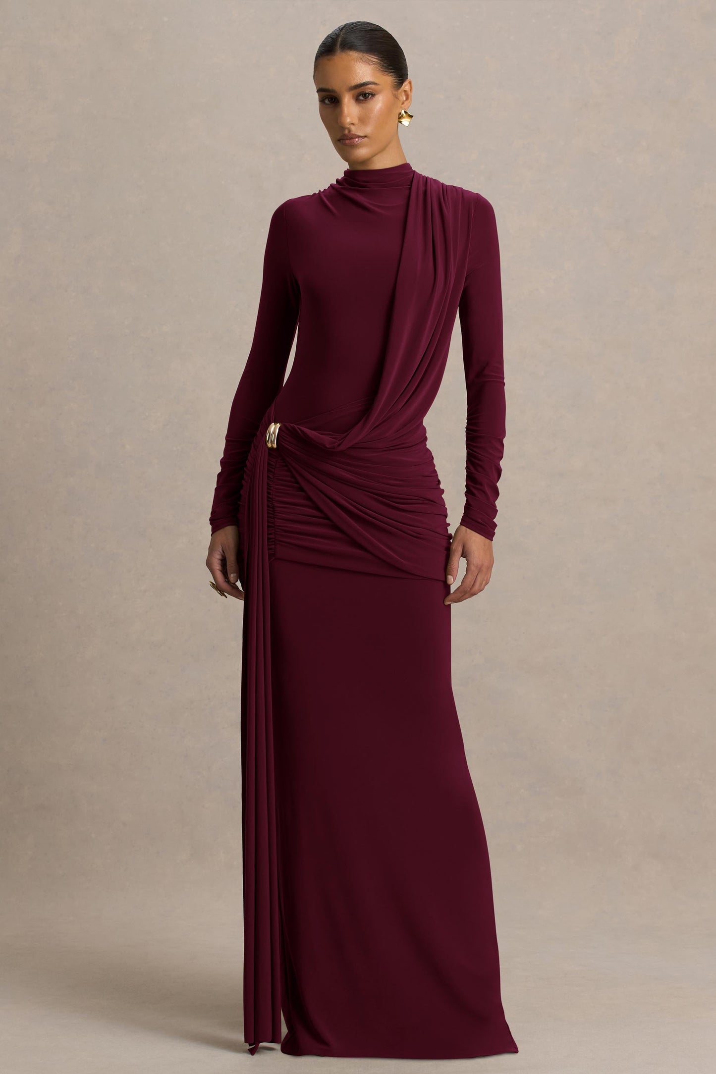 Melissa | Burgundy Long-Sleeve Wrap Maxi Dress With Draped Detailing